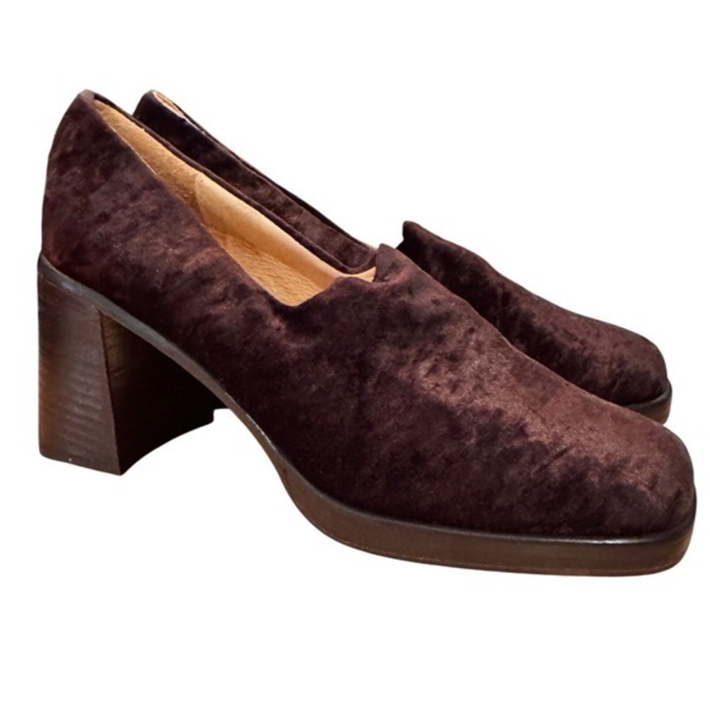 David Aaron Womens Brown Velvet Block‎ Heel Square Toe Shoes 8 M Handmade Spain